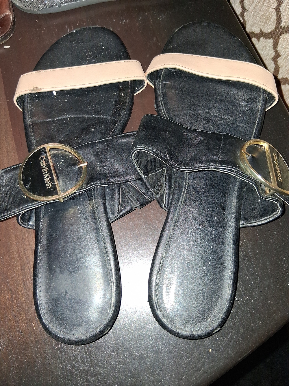 Calvin Klein Black and Nude Slip-On Sandals with Gold Buckle